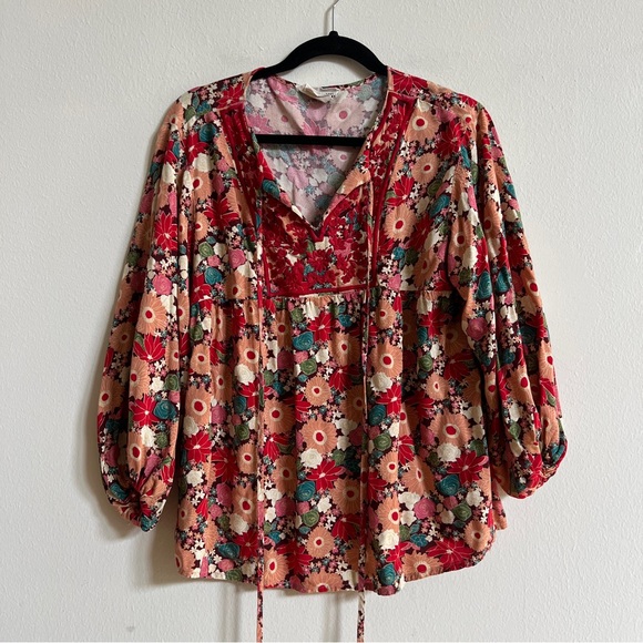 Savanna Jane Tops - Savanna Jane Blouse with Embroidered Floral Peasant Style - Size Small
